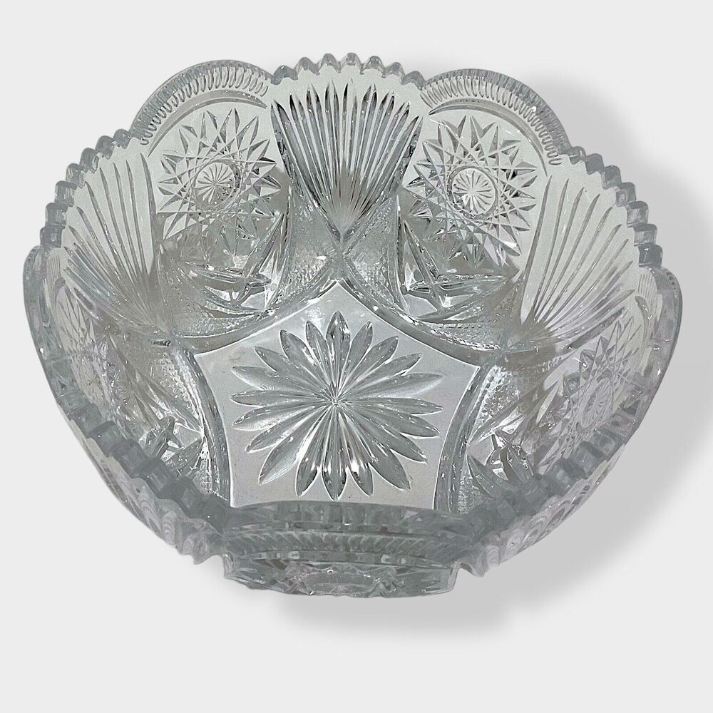 Vntg Unmarked Hobstar & Fan 8” Cut Glass Crystal Bowl ABP Collectable Brilliant